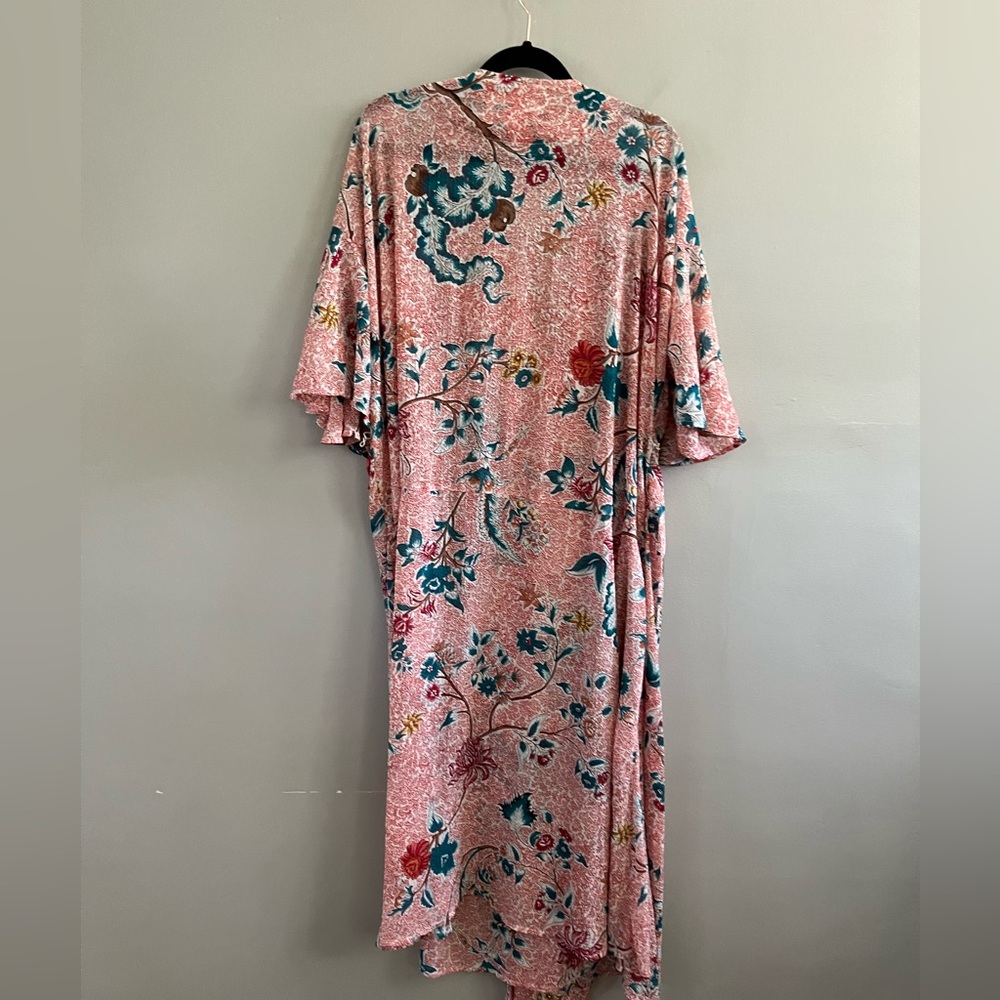 Anthropologie Pink Floral Midi Dress with Teal and Red Accents - Picture 5 of 10